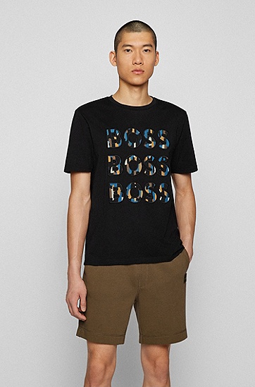 BOSS 博斯三组合徽标图案棉质平纹针织宽松 T 恤,  001_Black