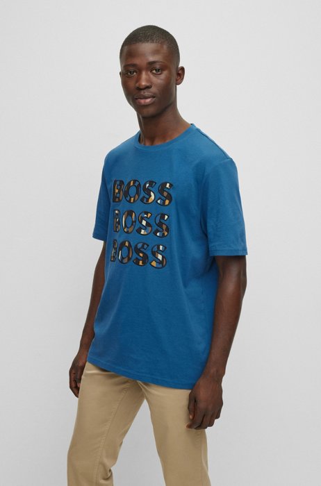 T-shirt Relaxed Fit en jersey de coton avec trois logos, Bleu