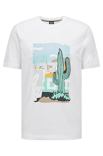 BOSS 博斯夏季艺术图案印花棉质平纹针织常规版 T 恤,  101_Natural