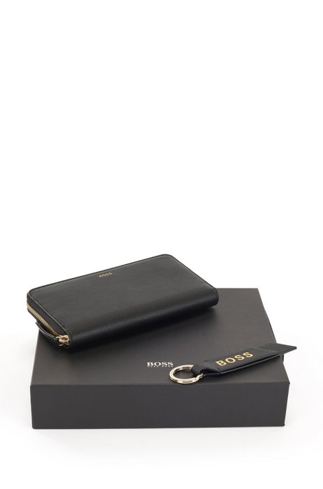 Faux-leather ziparound wallet and key ring gift set, Black