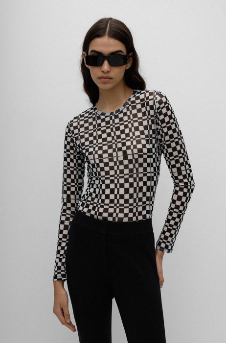 Long-sleeved printed top in stretch mesh, White / Black
