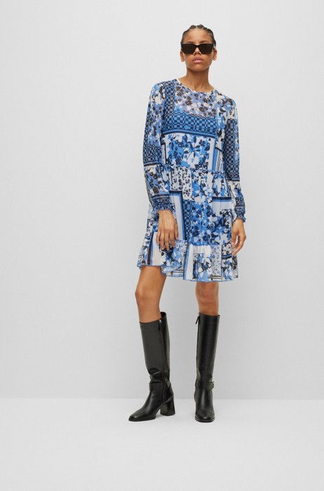 Long-sleeved mesh dress with floral print, Blue Patterned