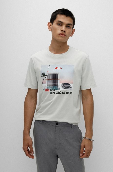 Crew-neck T-shirt in pure cotton with vacation artwork, Light Beige