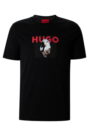 HUGO 雨果动物艺术图案印花棉质平纹针织常规版型 T 恤,  001_Black
