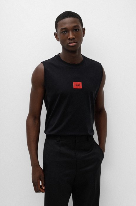Cotton-jersey tank top with red logo label, Black