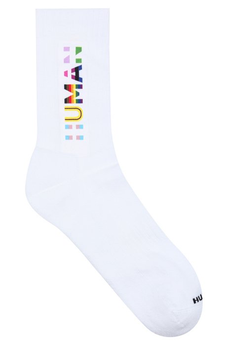 Cotton-blend short socks with multi-coloured slogan, White