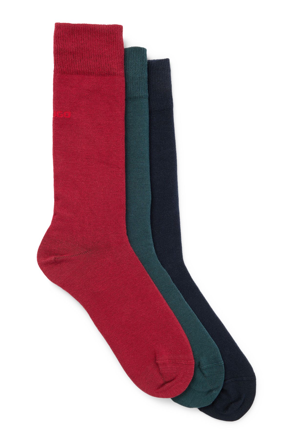 Paquete de tres pares de calcetines de largo normal de mezcla de algodón, Negro / Verde oscuro / Rojo