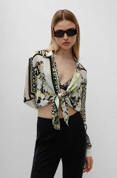 Scarf-print blouse with fluent drape and point collar, Patterned