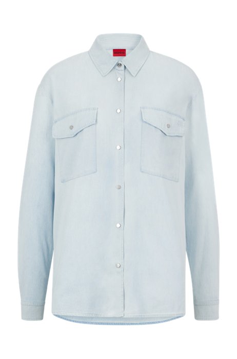 Denim-look blouse in a cotton blend, Light Blue