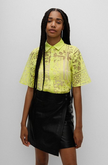 Short-sleeved blouse in translucent fabric with burnout print, Yellow