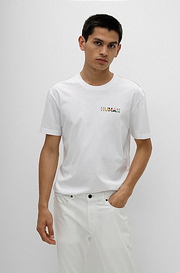 HUGO 雨果拼色标语图案棉质平纹单面针织布 T 恤,  100_White