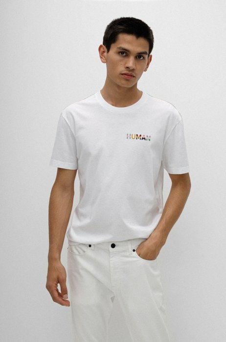 T-shirt in jersey di cotone con slogan multicolore, Bianco