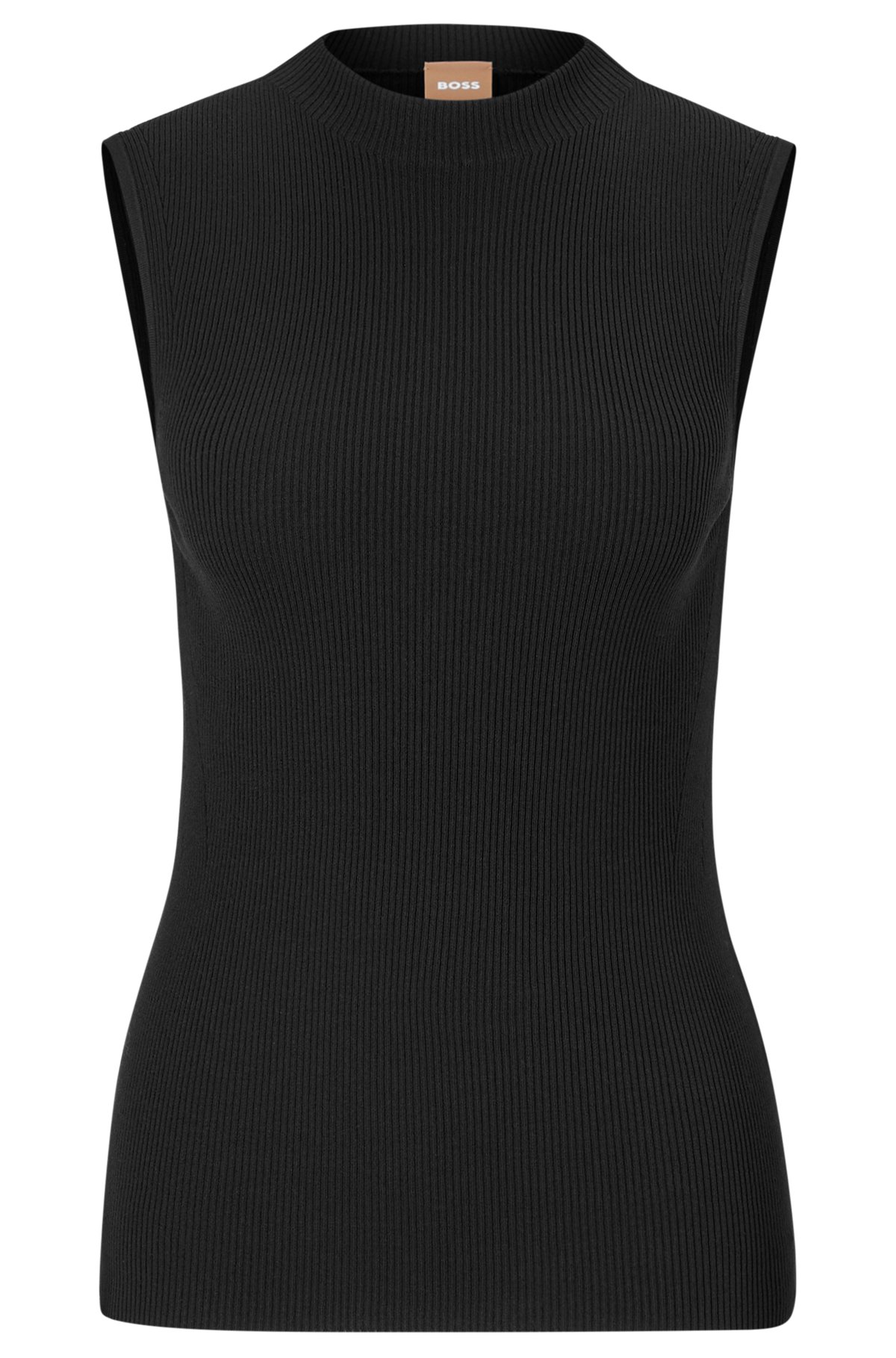 Sleeveless mock-neck top in ribbed fabric, Black