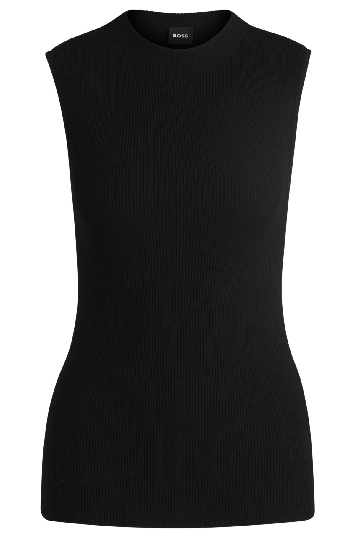 Sleeveless mock-neck top in ribbed fabric, Black