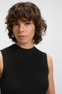 Ribbed-knit top with mock neckline, Black