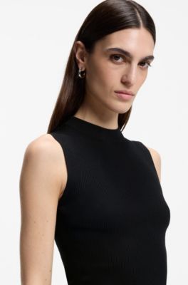 Ribgebreide top met hoge halslijn, Zwart