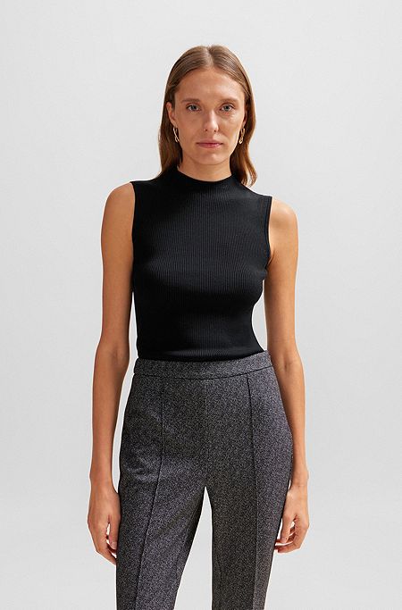 Sleeveless mock-neck top with ribbed structure, Black