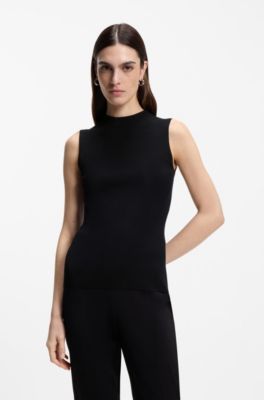 Ribbed-knit top with mock neckline, Black