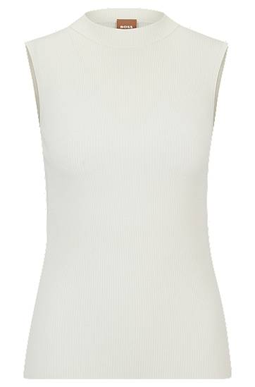 Hugo Boss Sleeveless Mock-neck Top With Ribbed Structure In White
