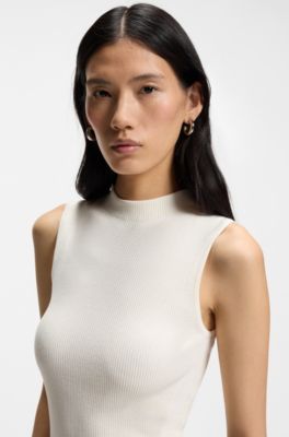 Ribbed-knit top with mock neckline, White