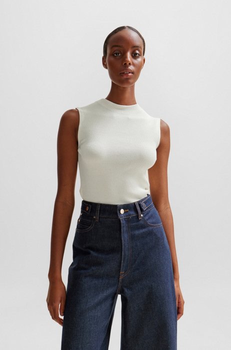 Sleeveless mock-neck top with ribbed structure, White