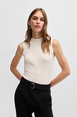 Sleeveless mock-neck top in ribbed fabric, White