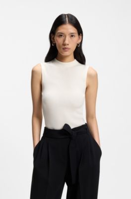 Top in maglia a coste con scollatura a lupetto, Colore neutro
