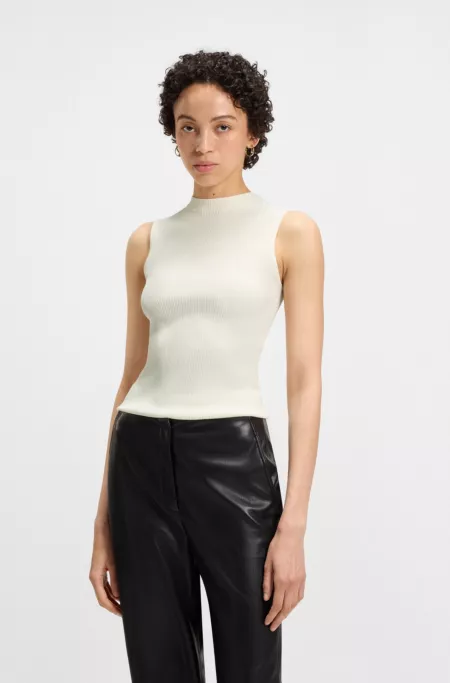 Sleeveless mock-neck top in ribbed fabric