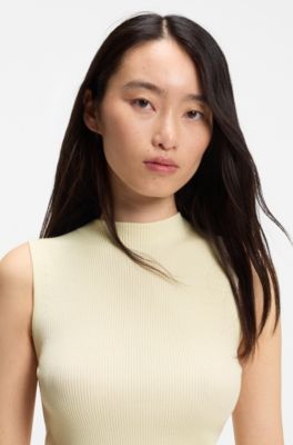 Ribbed-knit top with mock neckline, Light Beige