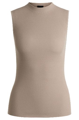 Sleeveless mock-neck top in ribbed fabric, Light Beige