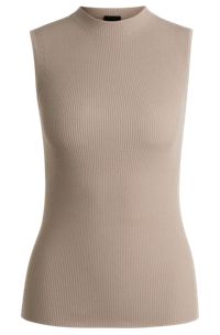Sleeveless mock-neck top in ribbed fabric, Light Beige