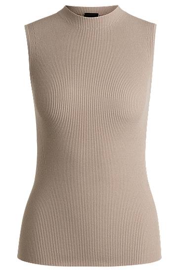 Hugo Boss Sleeveless Mock-neck Top In Ribbed Fabric In Brown