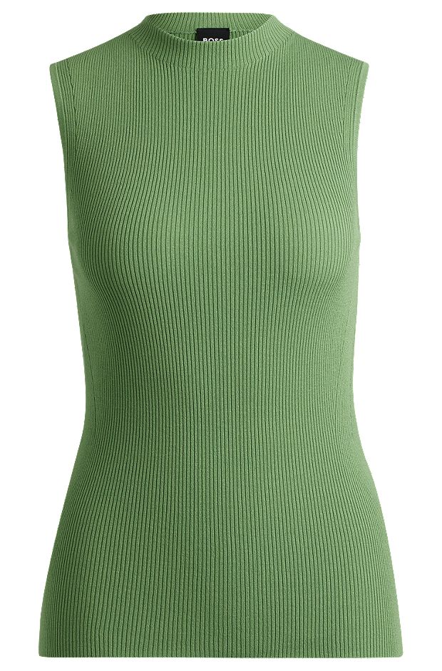 Sleeveless mock-neck top in ribbed fabric, Green