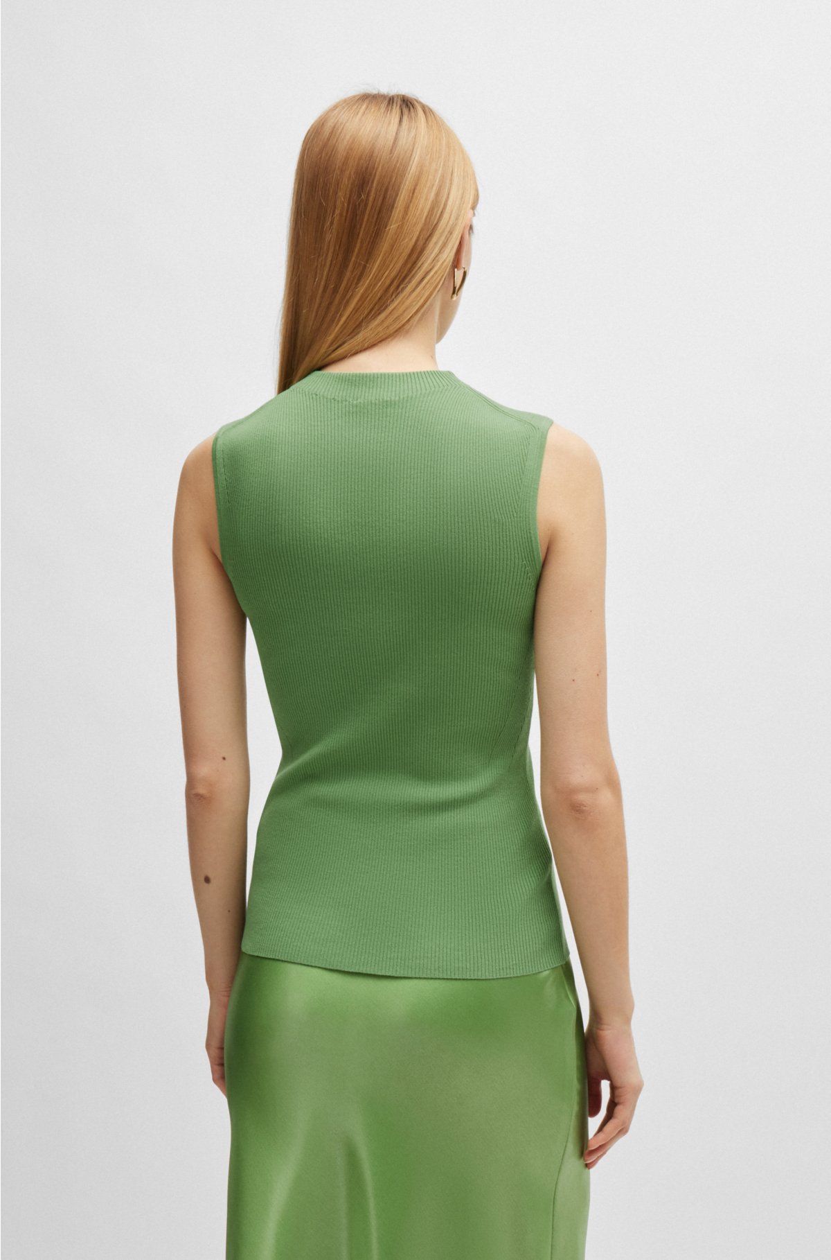 Sleeveless mock-neck top in ribbed fabric, Green