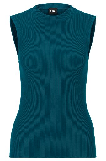 Sleeveless mock-neck top with ribbed structure, Dark Green