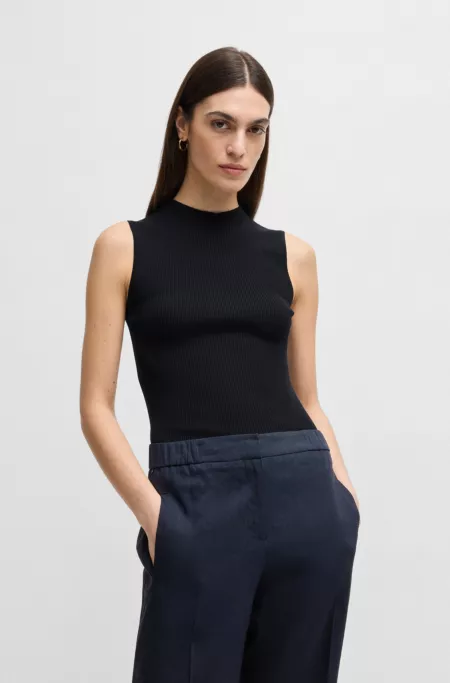Sleeveless mock-neck top in ribbed fabric