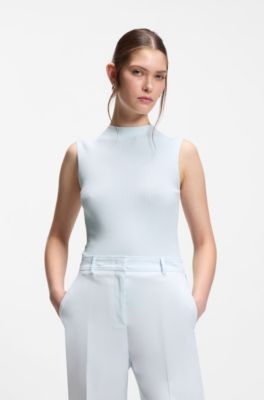 Ribbed-knit top with mock neckline, Light Blue