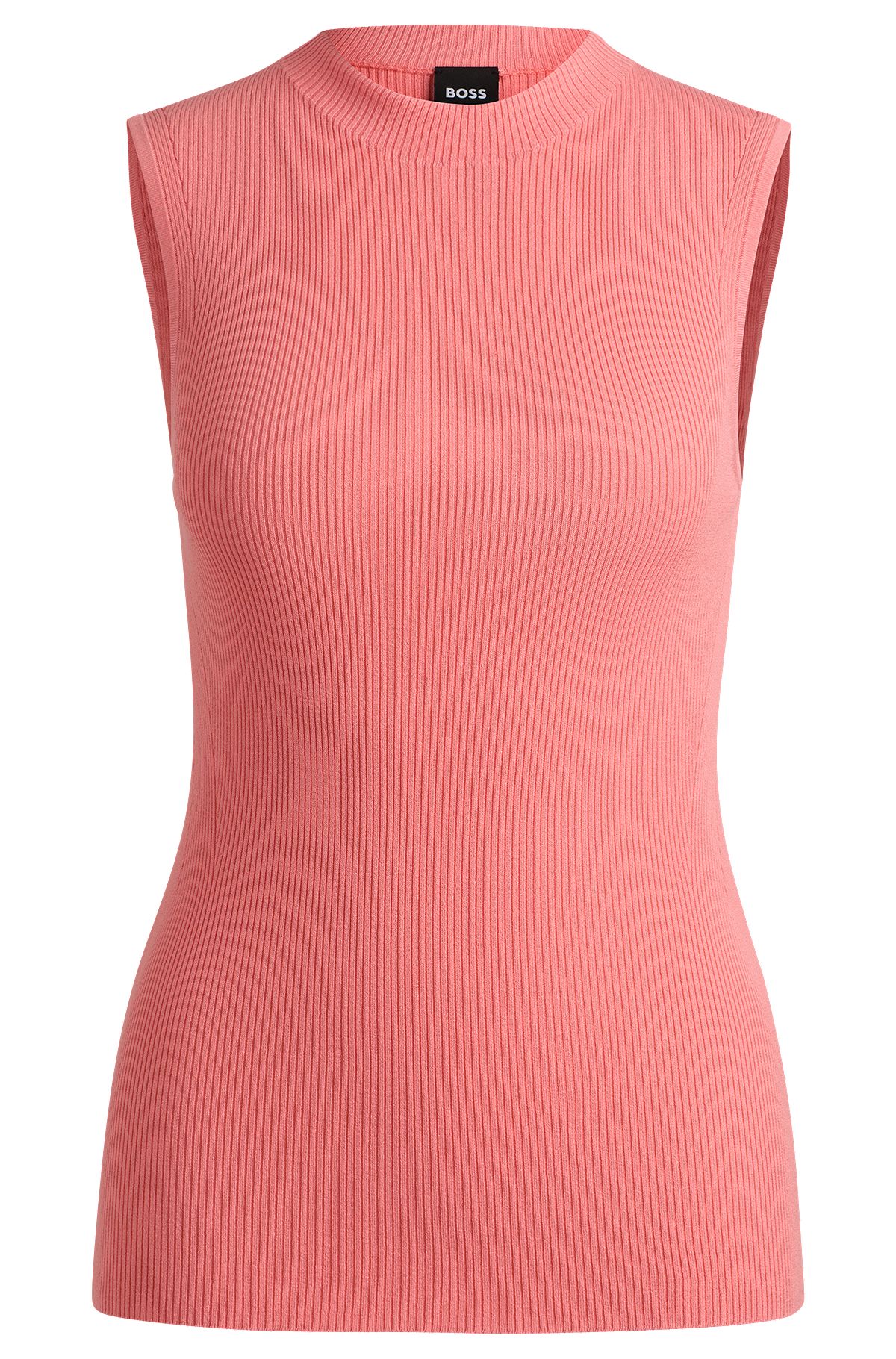 Sleeveless mock-neck top in ribbed fabric, Coral