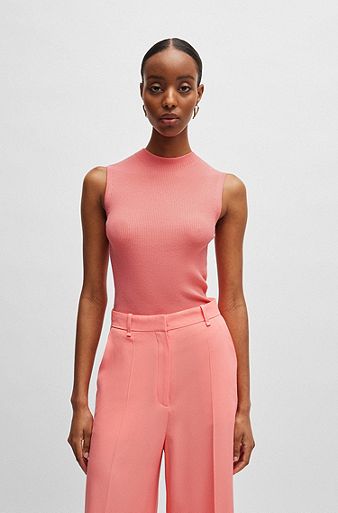 Sleeveless mock-neck top in ribbed fabric, Coral