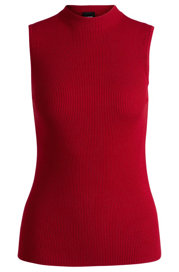 Sleeveless mock-neck top in ribbed fabric, Red