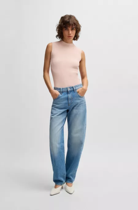 Sleeveless mock-neck top in ribbed fabric