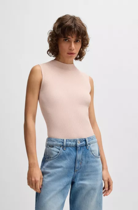 Sleeveless mock-neck top in ribbed fabric