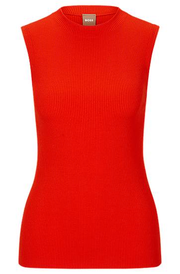 Hugo Boss Sleeveless Mock-neck Top With Ribbed Structure In Orange