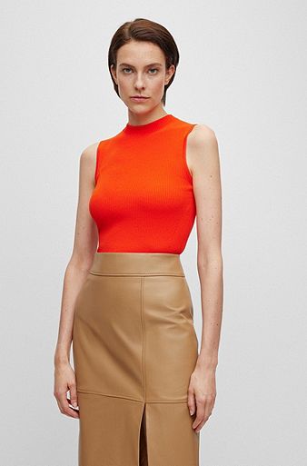 Sleeveless mock-neck top with ribbed structure, Orange