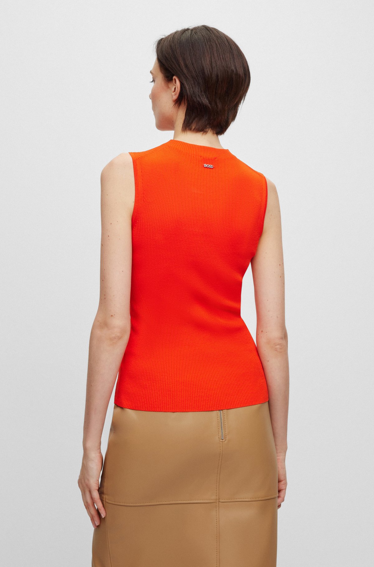 Sleeveless mock-neck top with ribbed structure, Orange