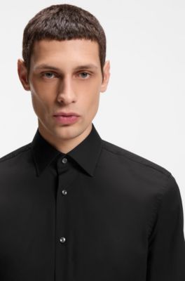 Regular-Fit Hemd aus elastischer Baumwoll-Popeline mit b&uuml;gelleichtem Finish, Schwarz