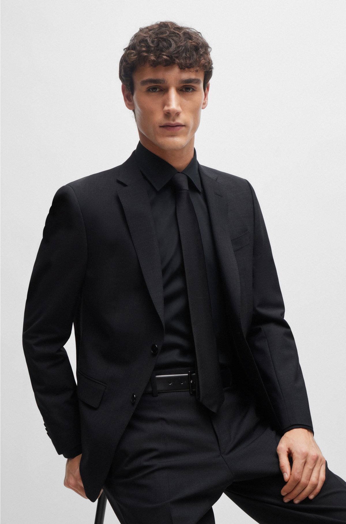Regular-fit shirt in easy-iron stretch-cotton poplin, Black