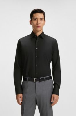 Regular-fit shirt in easy-iron stretch-cotton poplin, Black