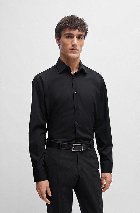Chemise Regular Fit à rayures en popeline de coton stretch facile à repasser, Noir