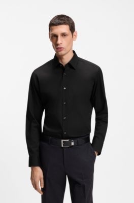 Camicia regular fit in popeline di cotone elasticizzato facile da stirare, Nero
